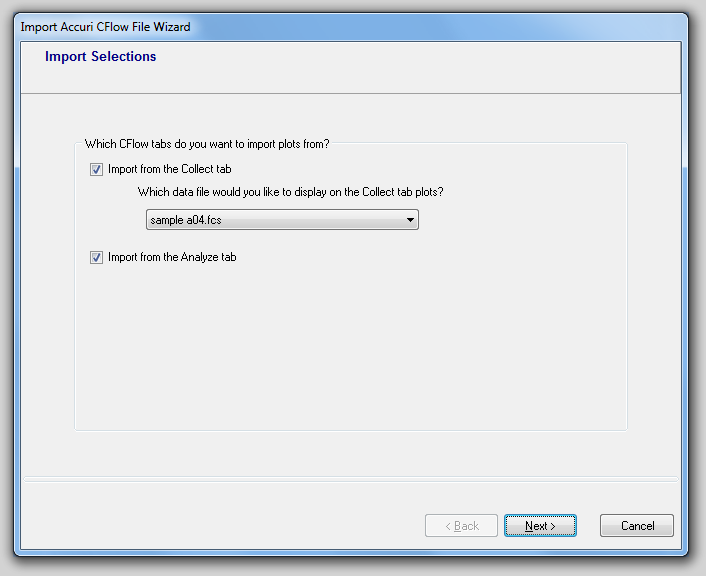 图23.5  Import Accuri CFlow File Wizard - Import Options (导入Accuri CFlow文件向导 - 导入选项)